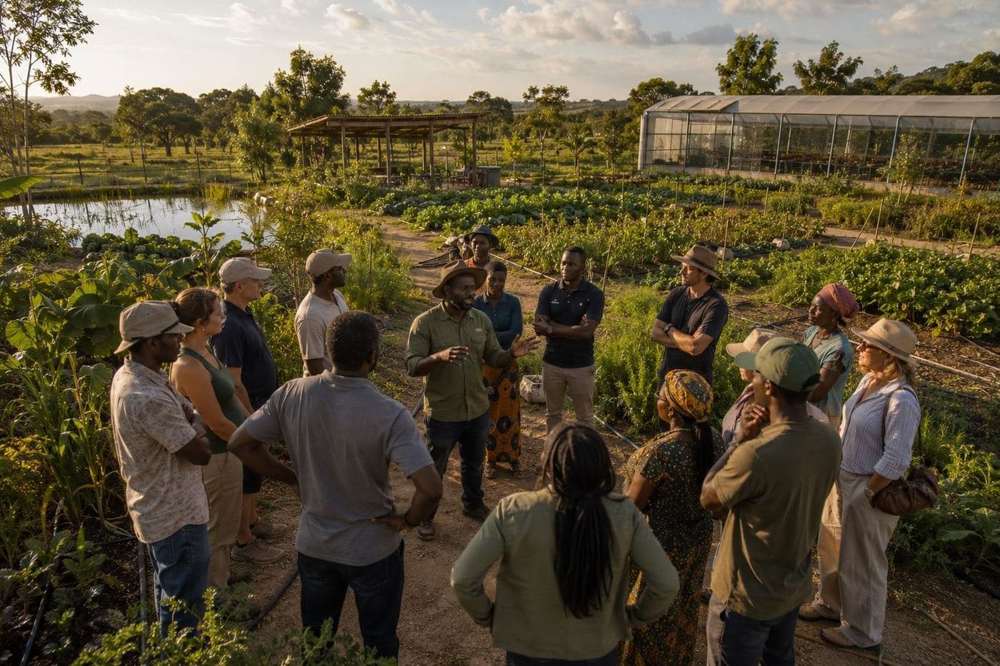 A group being walked around the plots on a farm visit