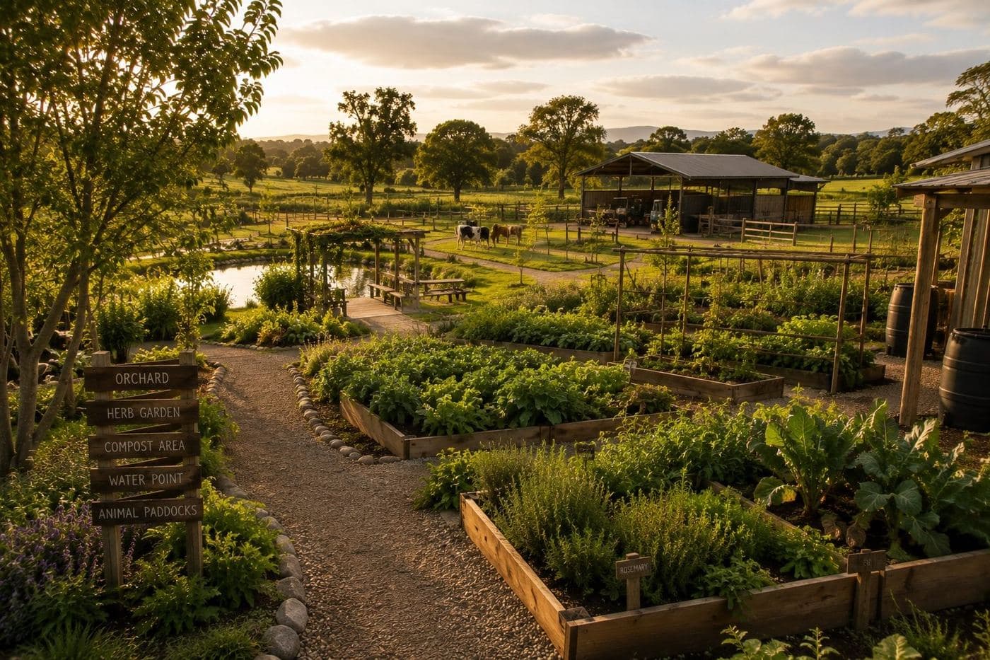 Growing beds and walkways on the farm towards the end of the day